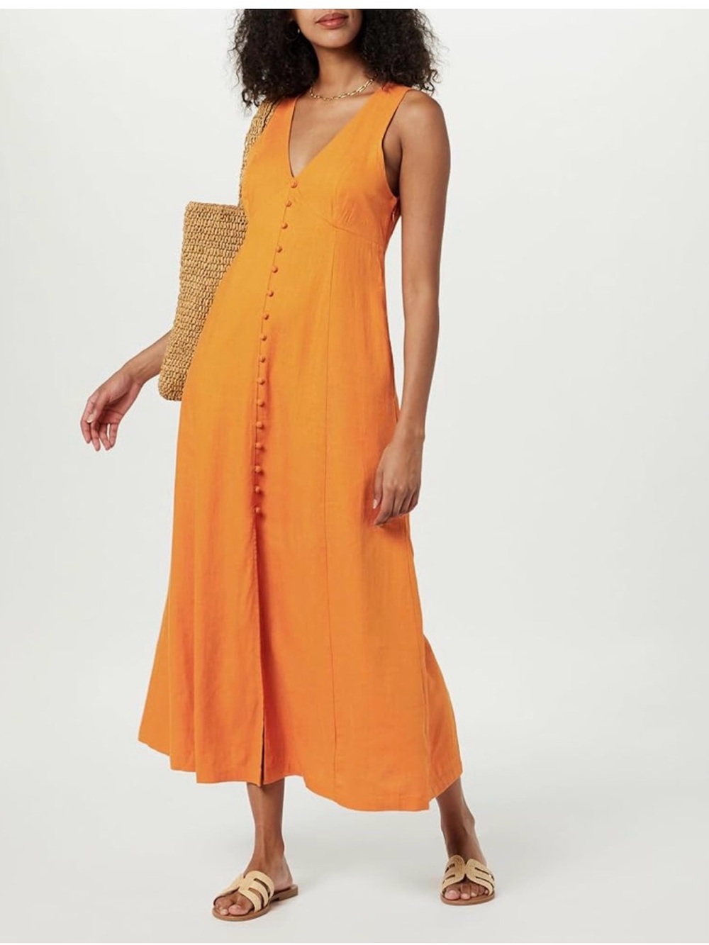The Drop Women’s Blanca Linen Button-Front V Neck Maxi Dress